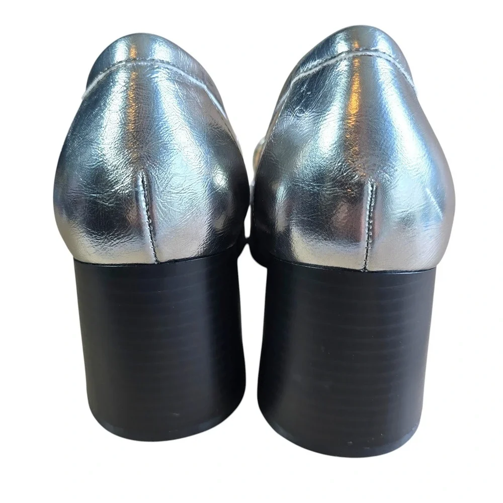 Alex Marie Silver Metallic Leather Block Heel Loafers Square Toe‎ Woman 8.5M NEW